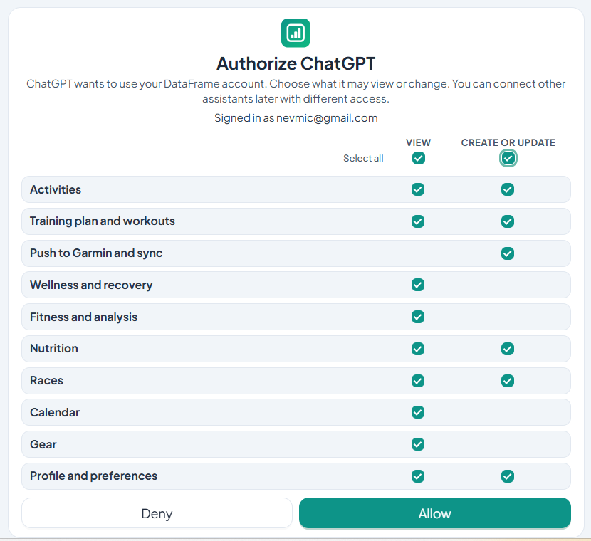 DataFrame Authorize ChatGPT screen