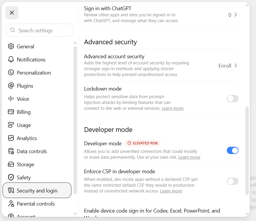 ChatGPT Settings, Security and login, with Developer mode switched on