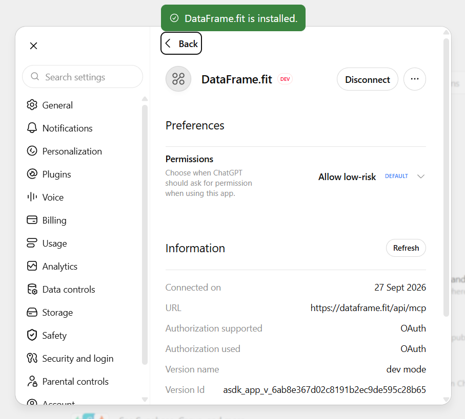 ChatGPT Plugins showing DataFrame.fit installed