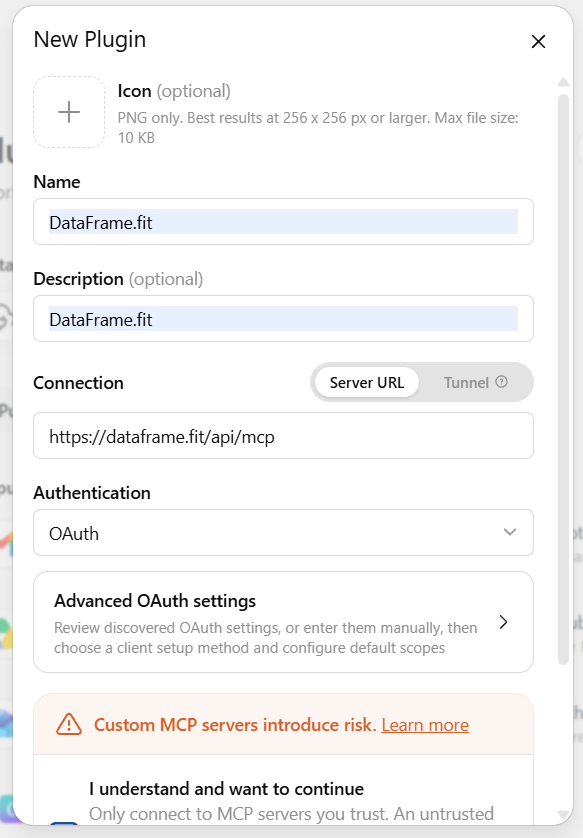 New Plugin form with DataFrame.fit and server URL https://dataframe.fit/api/mcp