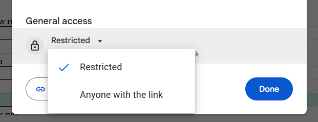 Google Sheets share menu showing Restricted and Anyone with the link