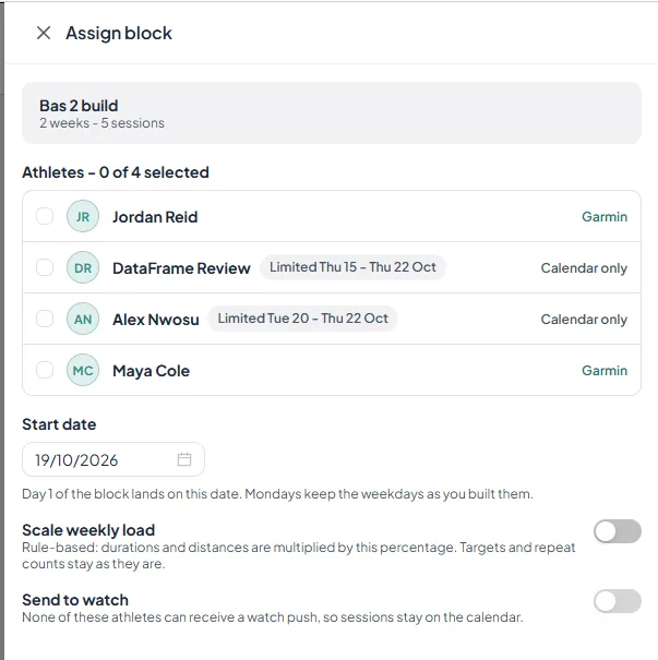 Assign block with athletes, start date, scale weekly load, and send to watch