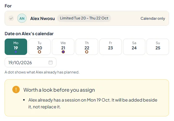 Assign date warning that the athlete already has a session, so the new one is added beside it