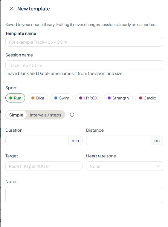 New coach template with sport, duration, distance, target and heart-rate zone
